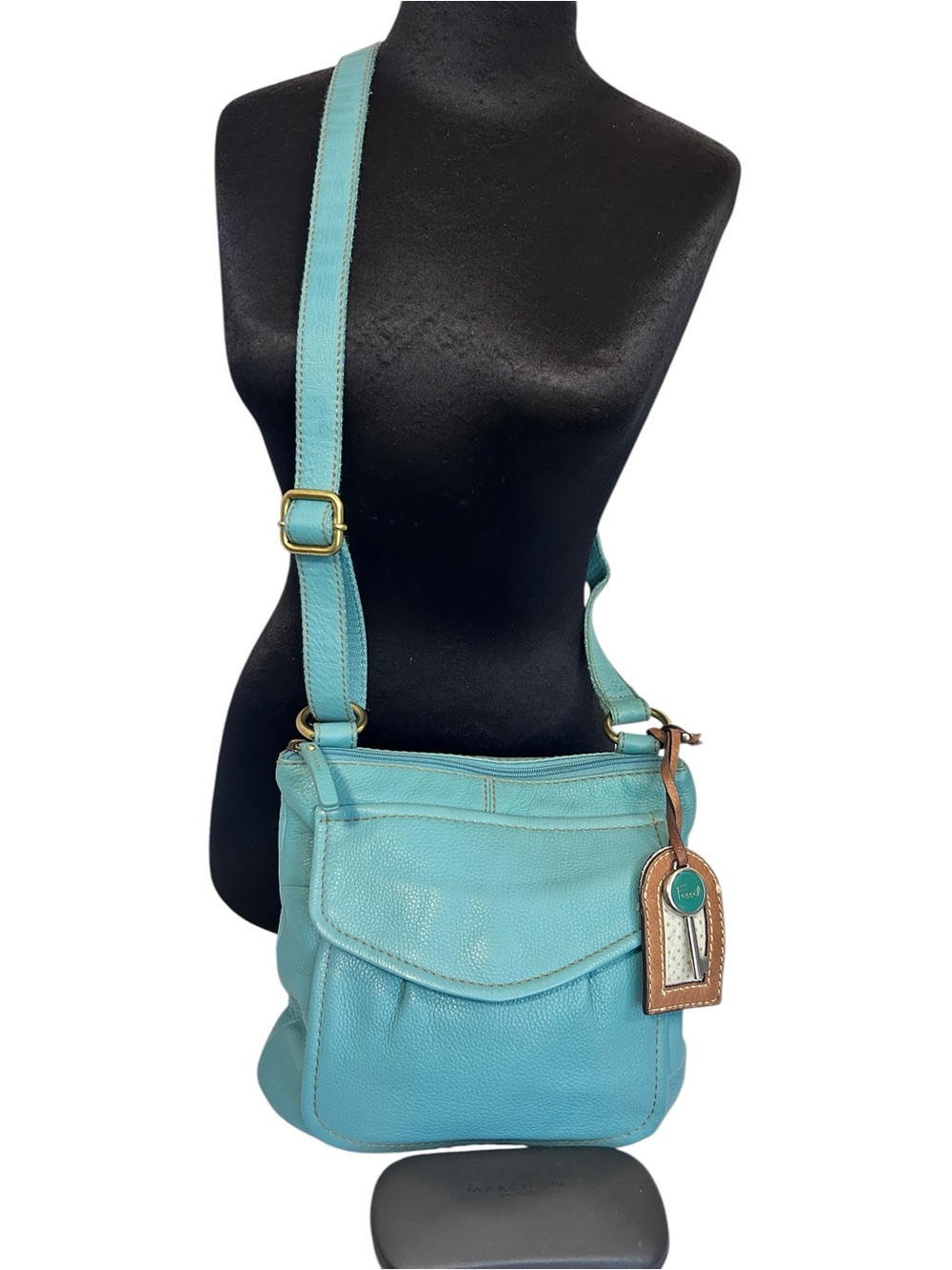 Fossil Crossbody Organizer Turquoise Blue Leather W/Added Key